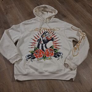 Ed Hardy Off-White / Cream Pullover Graphic Hoodie Panther Roses Print Men Large